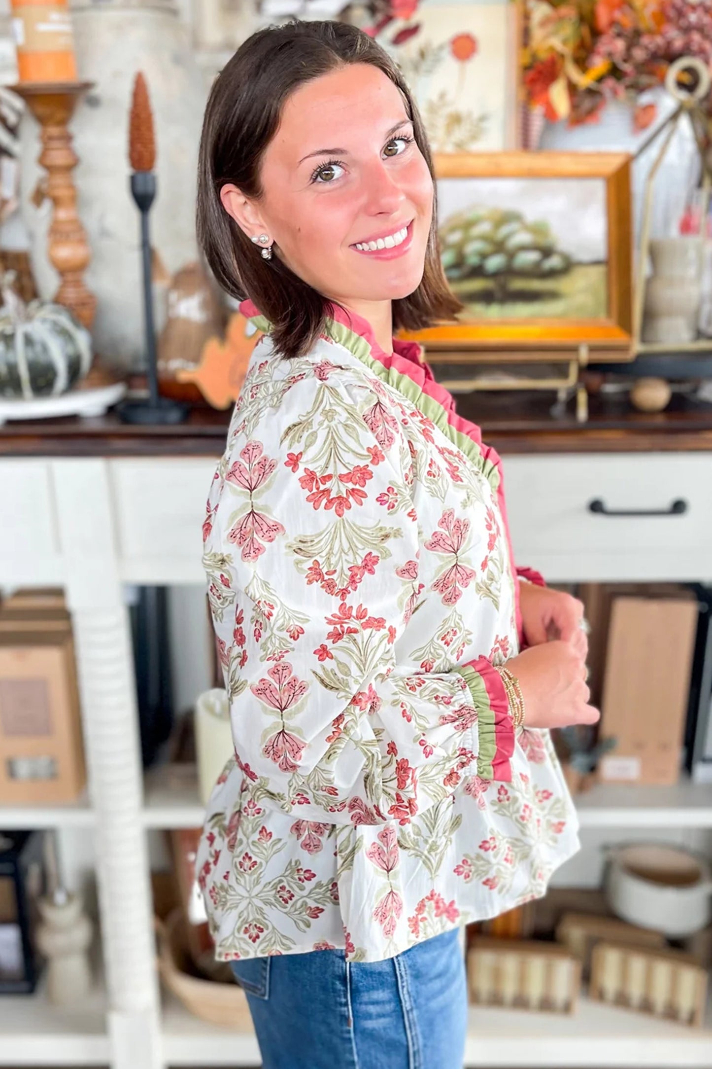 Floral Print Frilled Color Block Trim V Neck Long Sleeve Peplum Top