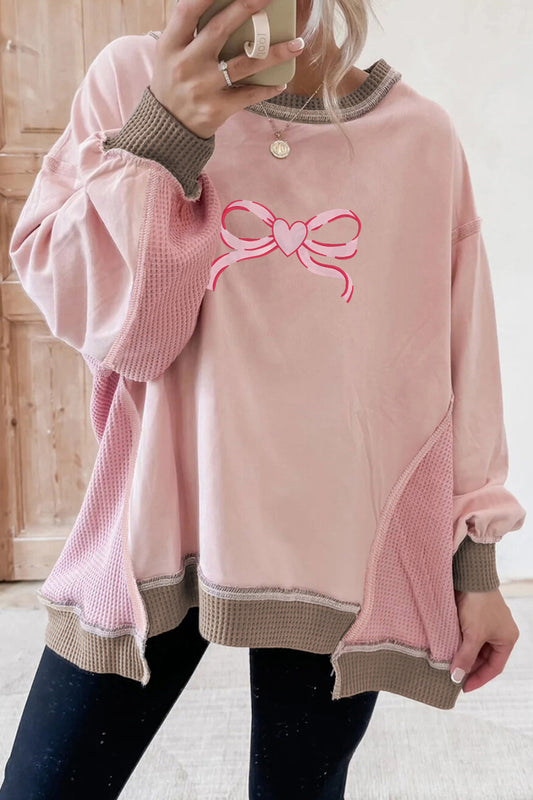 Light Pink Heart Bow Embroidered Exposed Seam Color Block Waffled Patchwork Sweatshirt