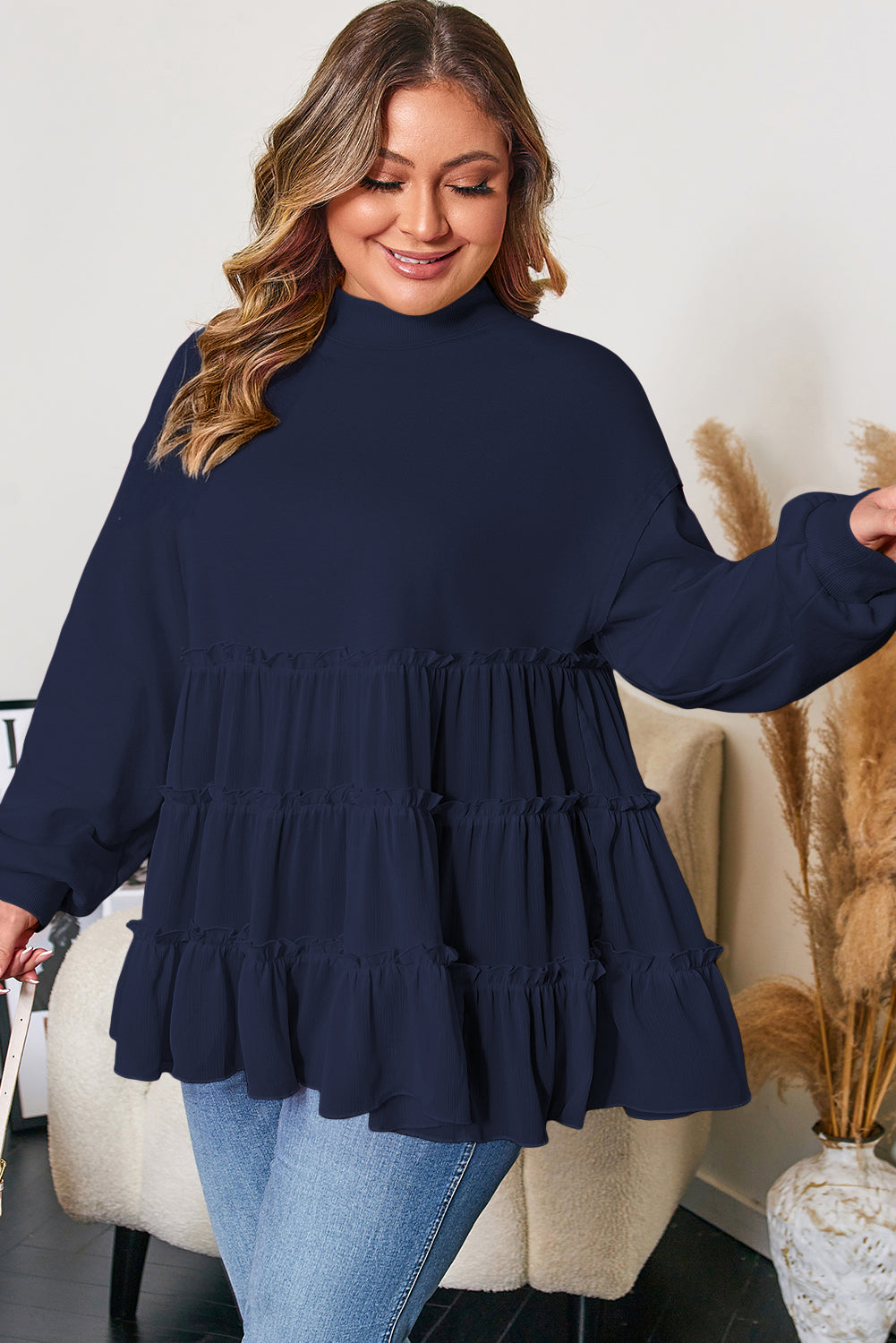 Pink Tiered Ruffle Ribbed Crew Neck Pullover Plus Size Top