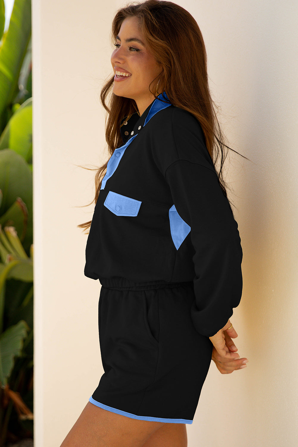 Red Dahlia Color Block Patchwork Half Button Pullover and Shorts 2pcs Outfit