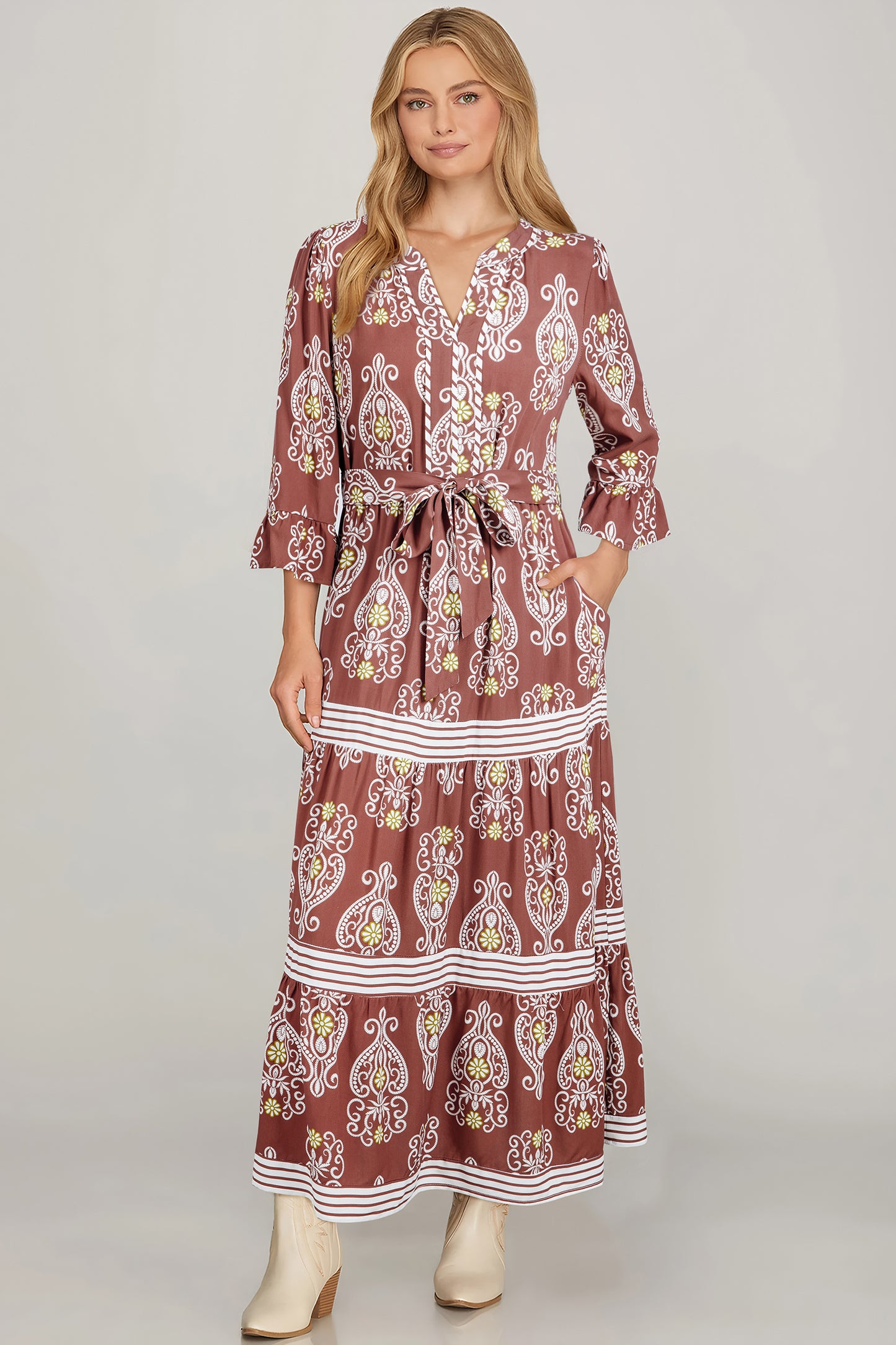 Brown Floral Print Belted Striped Trim Tiered Maxi Dress