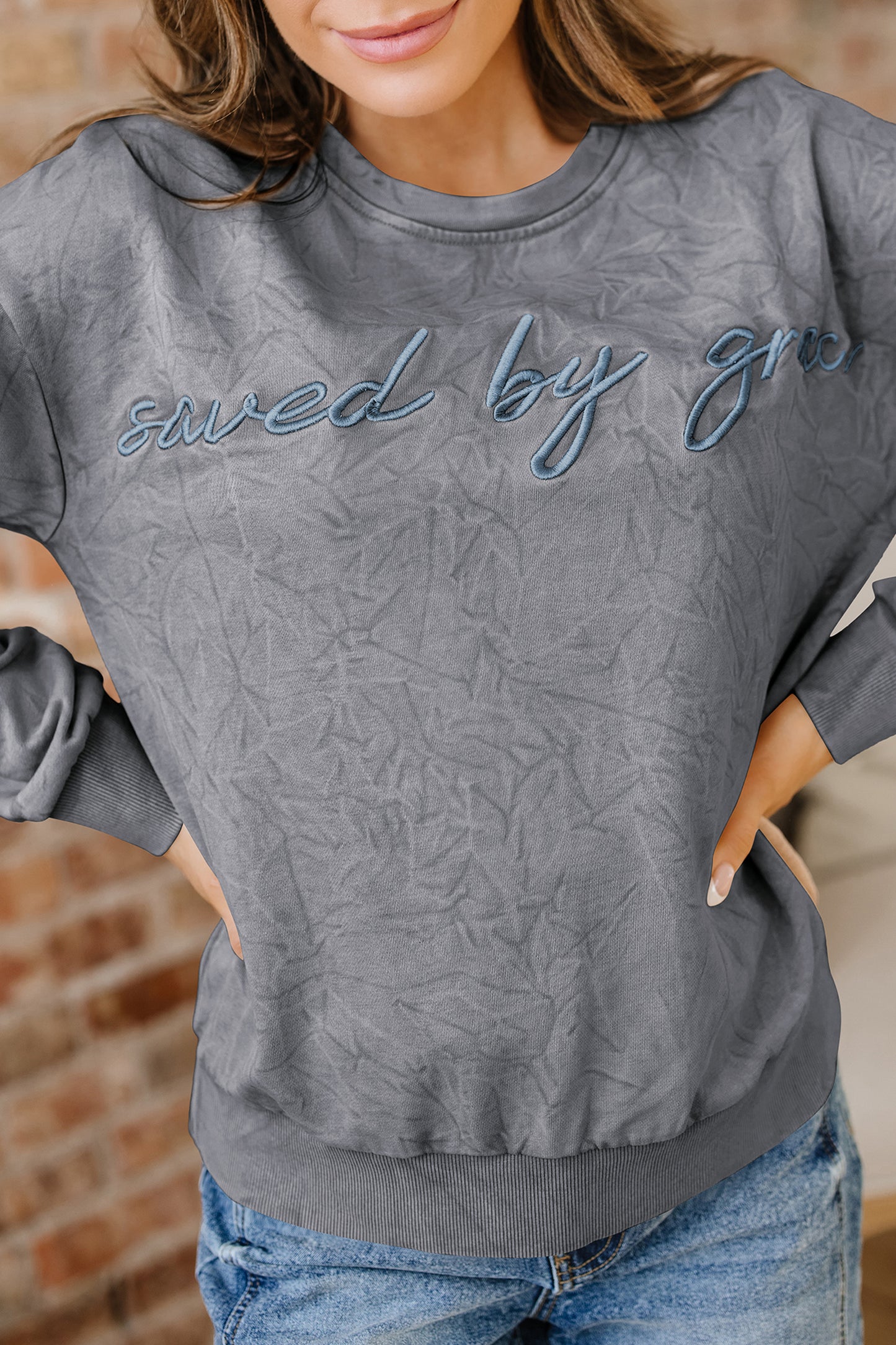 Real Teal saved by grace Letter Embroidery Mineral Wash Loose Sweatshirt