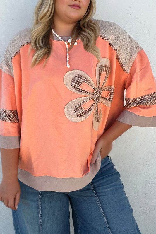 Grapefruit Orange Plaid Flower Waffle Patched Plus Size 3/4 Sleeve Top