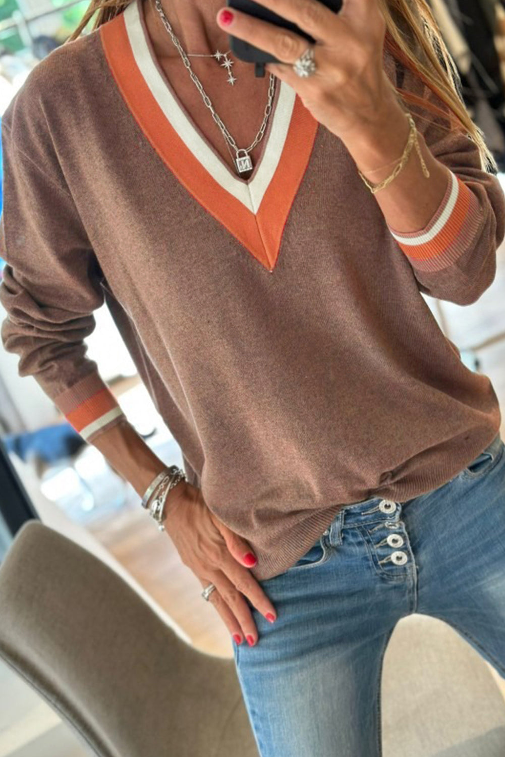 Gray Contrast Striped Trim V Neck Varsity Sweater