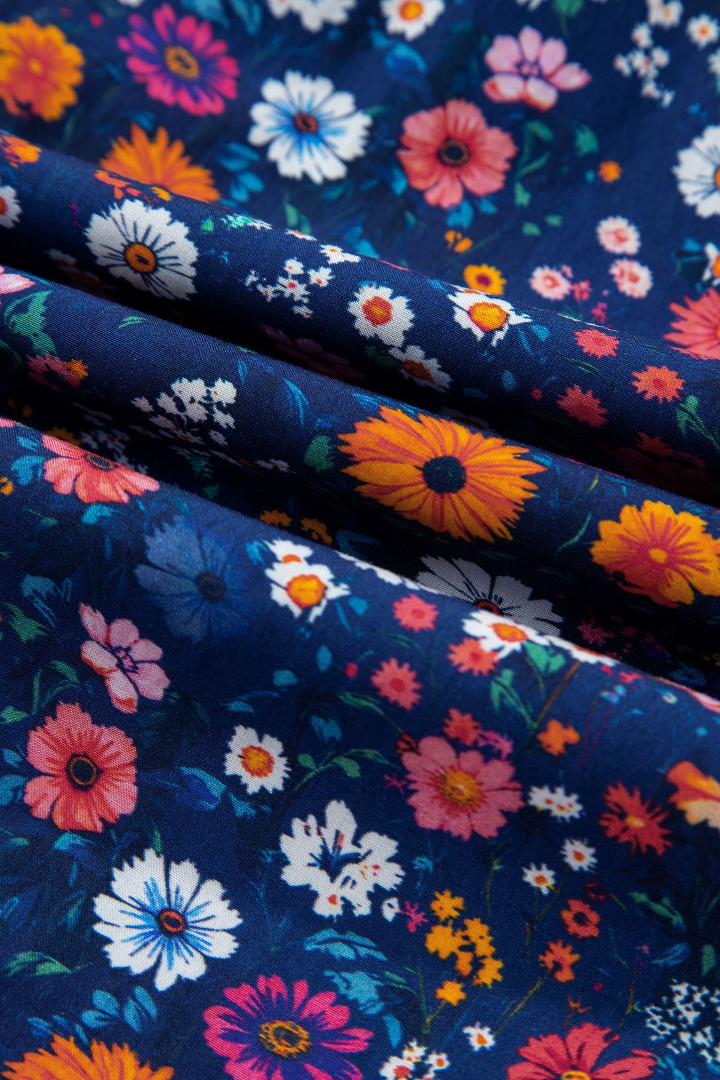 Blue Wild Daisy Floral Split Neck Short Puff Sleeve Mini Dress