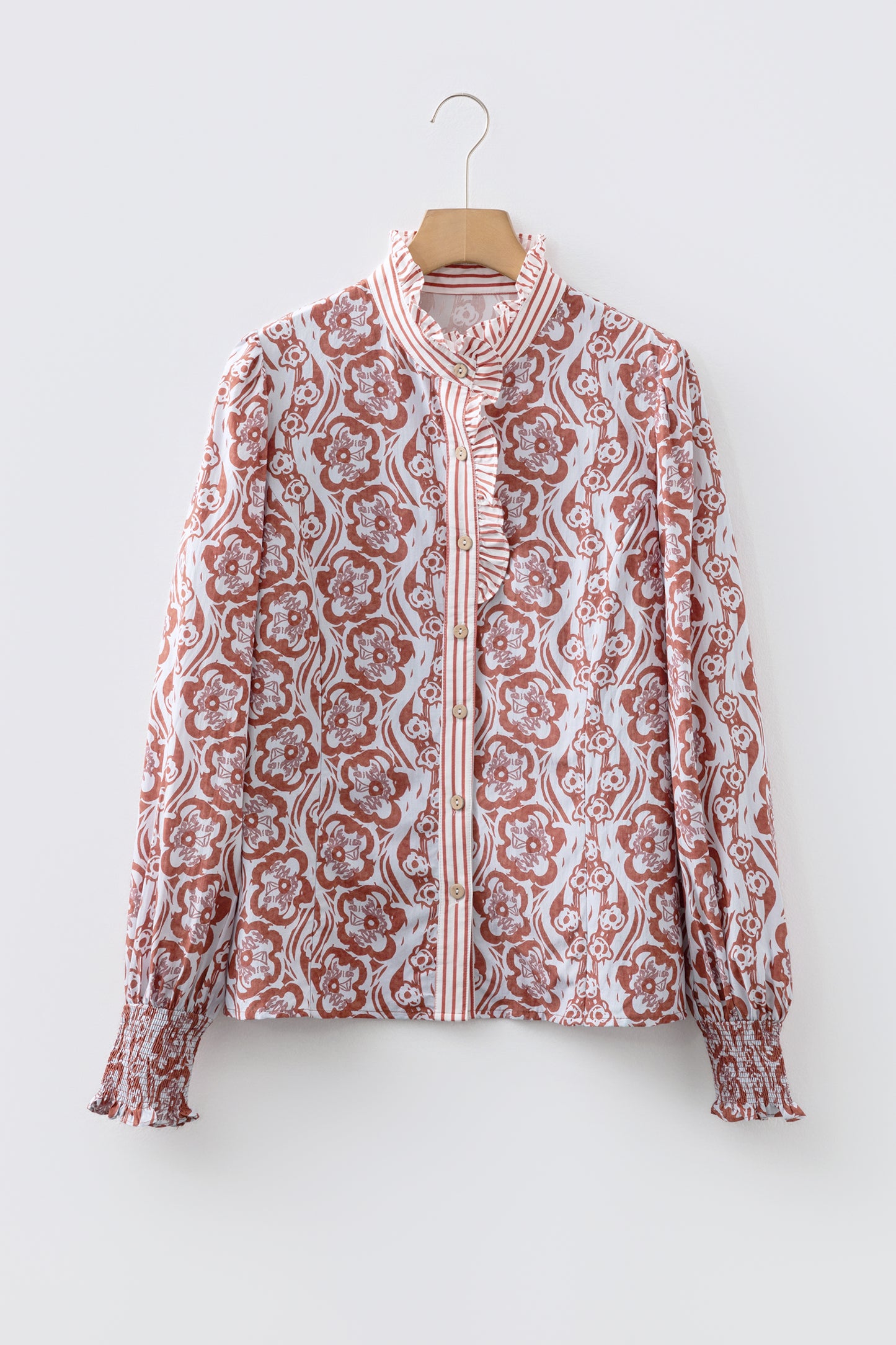 Floral Print Frilled Striped Trim Button Down Smocked Cuffs Long Sleeve Shirt