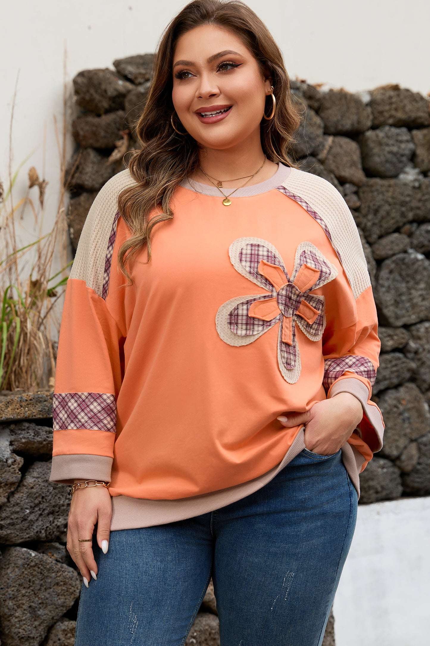 Grapefruit Orange Plaid Flower Waffle Patched Plus Size 3/4 Sleeve Top