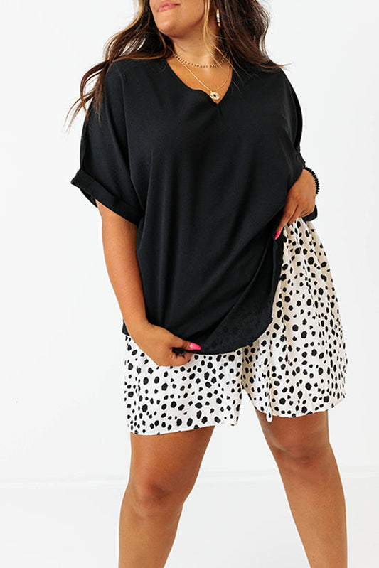 Black Seamed Back High Low Hem V Neck Cuffed Sleeve Plus Size Tee