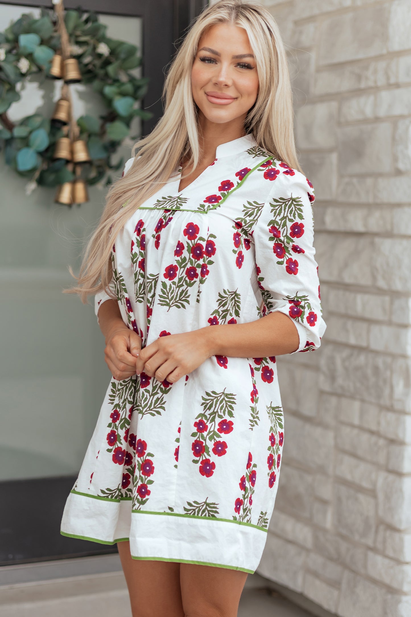 White Frilled V Neck 3/4 Sleeve Loose Floral Dress