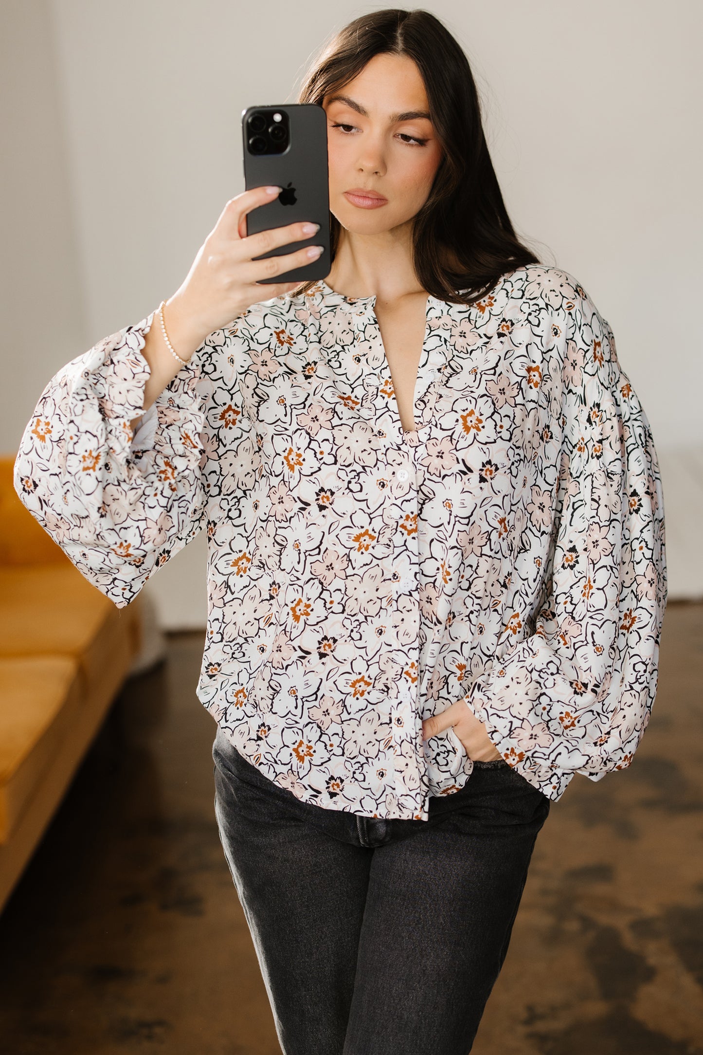 Khaki Bold Floral Print Frilled Puff Sleeve Button Down Shirt