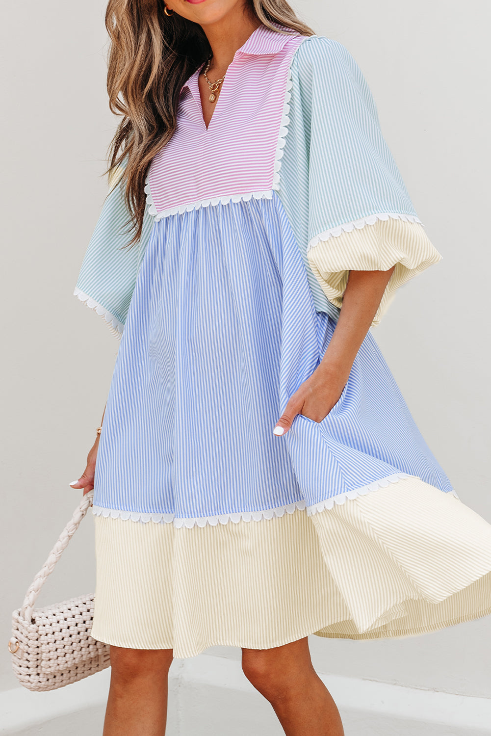 Multicolour Striped Patchwork Ric Rac Puff Sleeve Collared Mini Dress