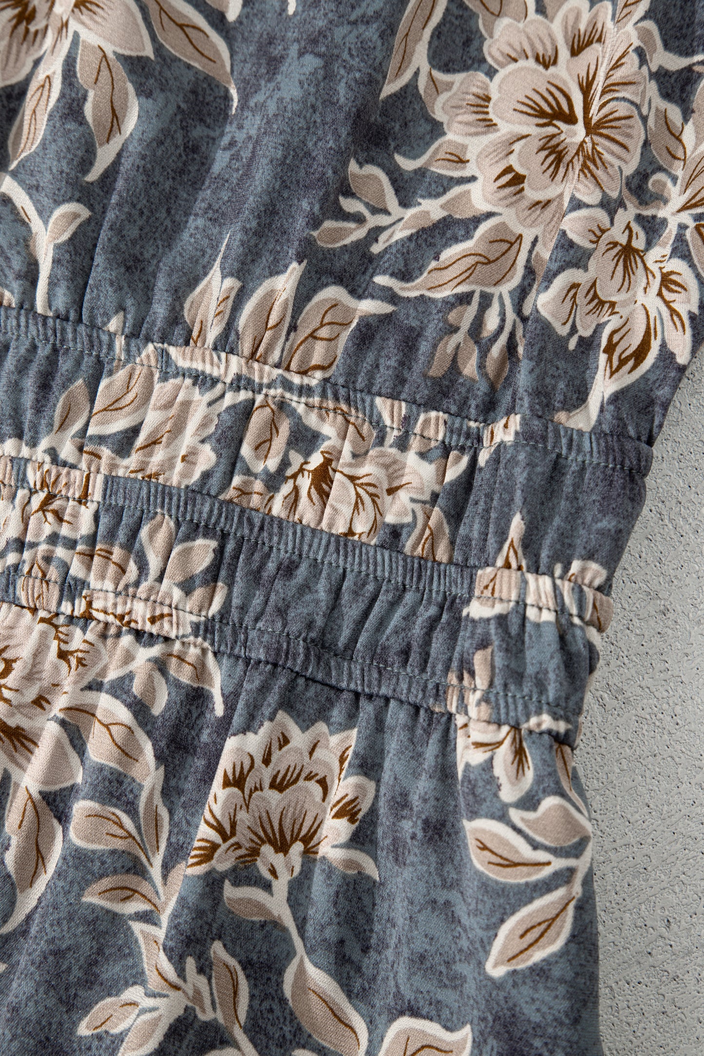 Sky Blue Plus Size Floral Print Split Neck Shirred High Waist Long Sleeve Maxi Dress