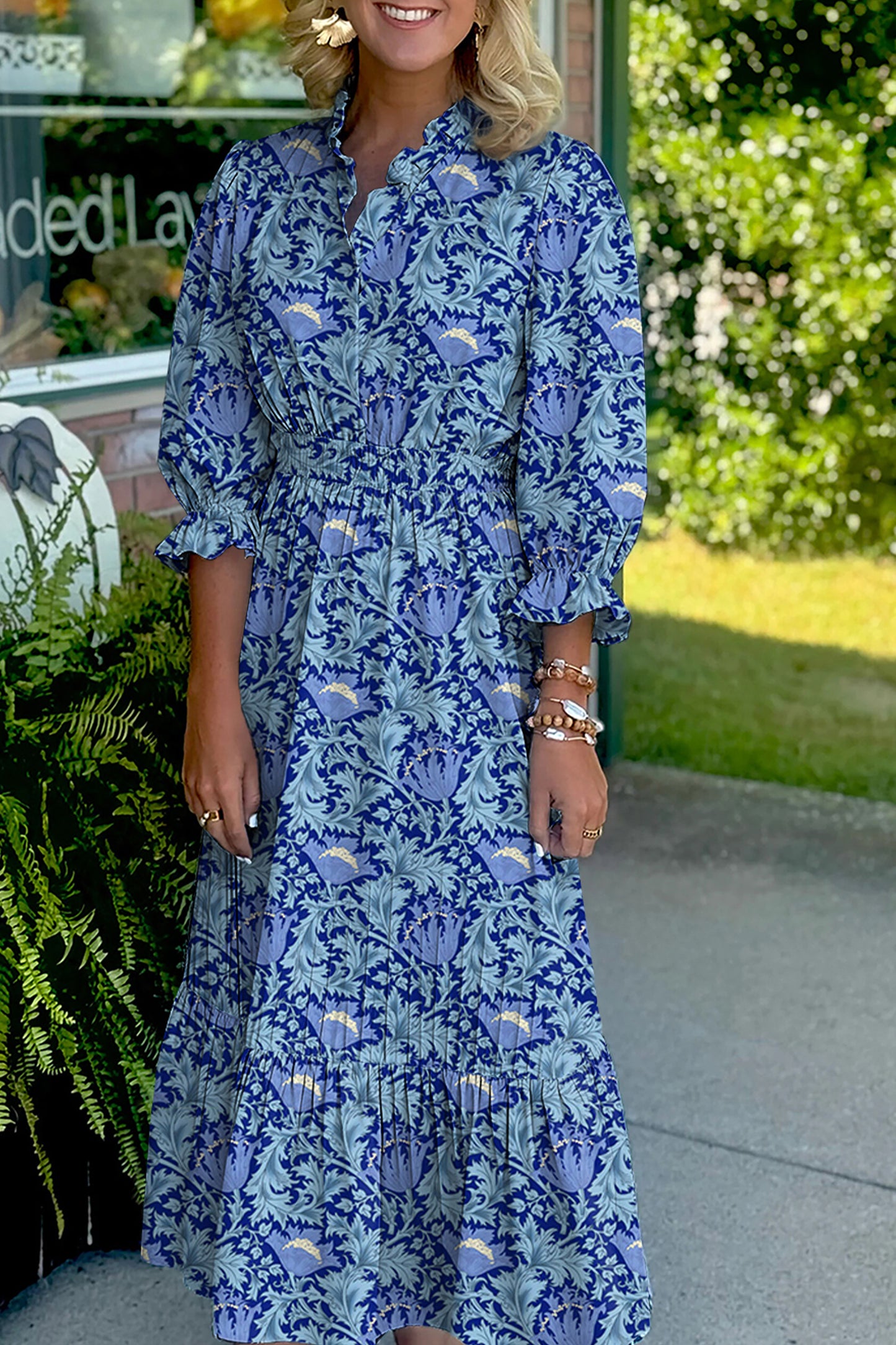 Brown Floral Printed Frilled V Neck Bracelet Sleeve Long Dress