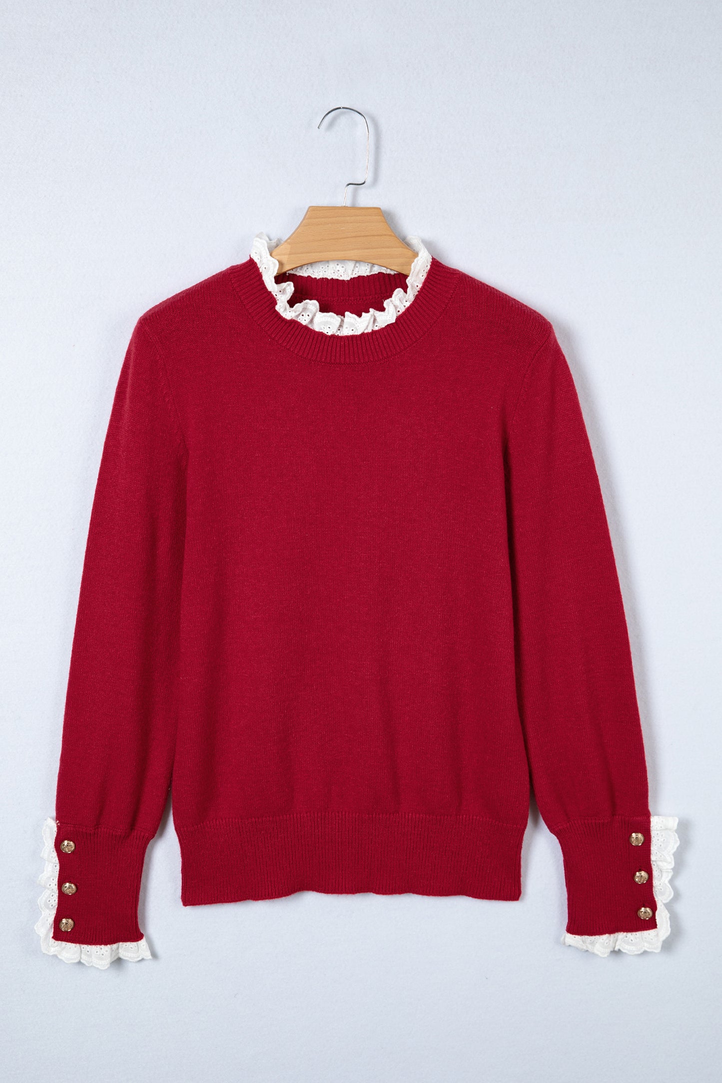 Sleet Lace Trim Patchwork Buttoned Cuffs Loose Sweater