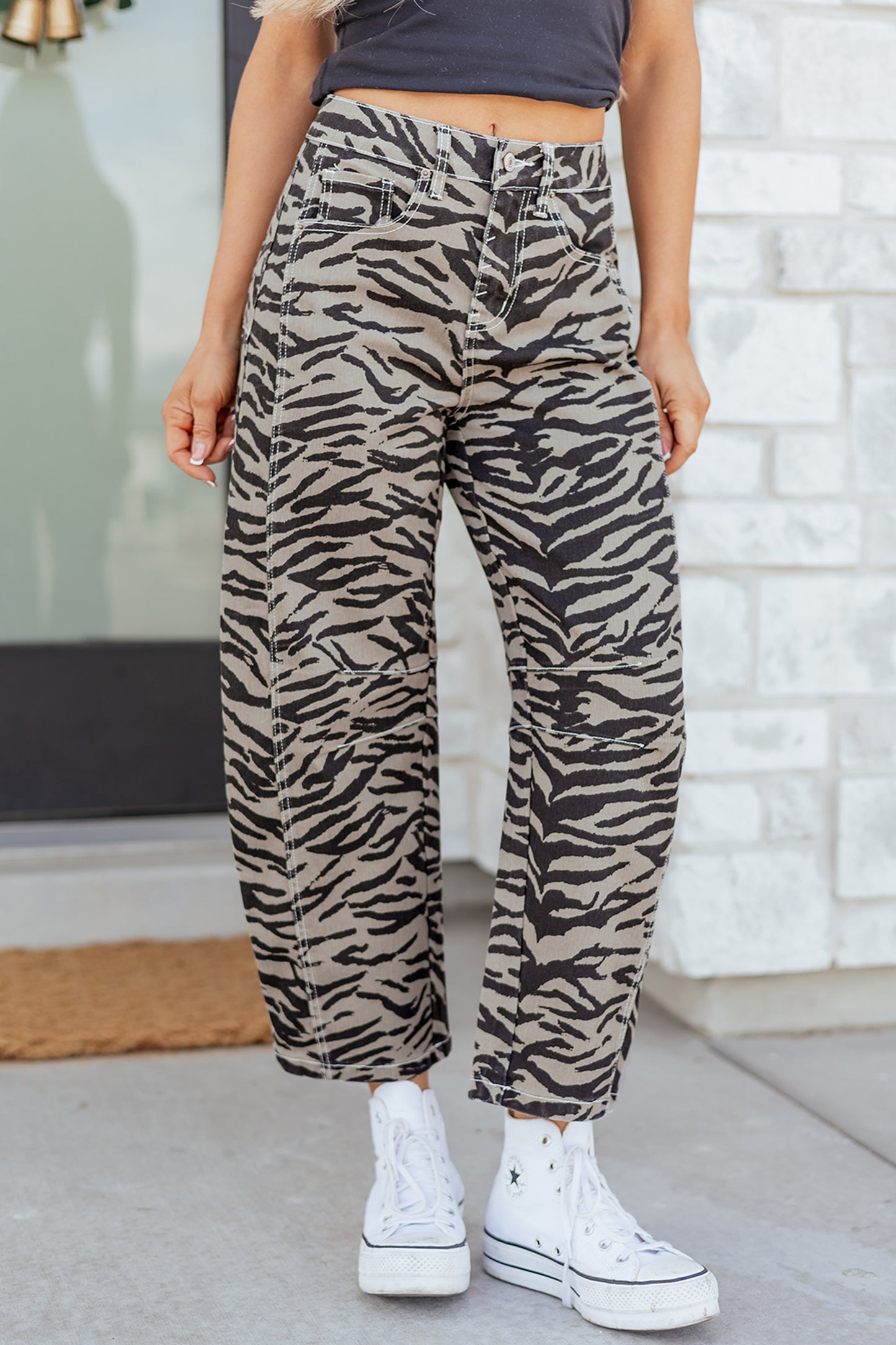 Gray Zebra Stripe Printed Wide Leg Jeans