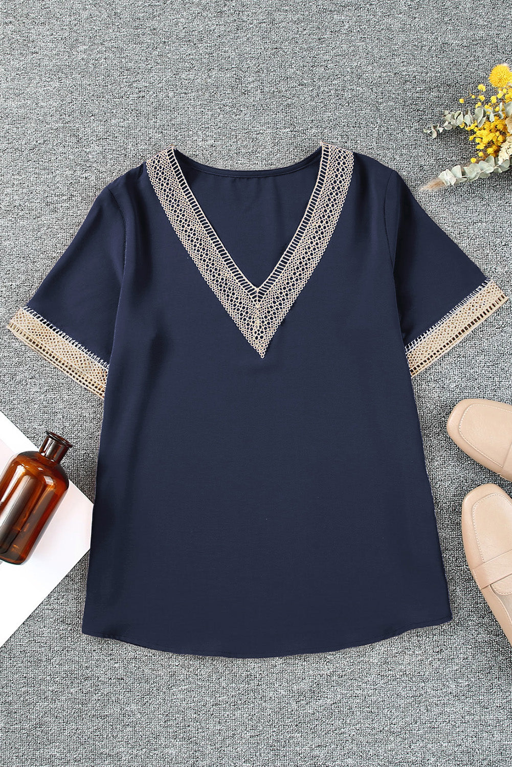 Blue Lace Trim V Neck Short Sleeve Blouse