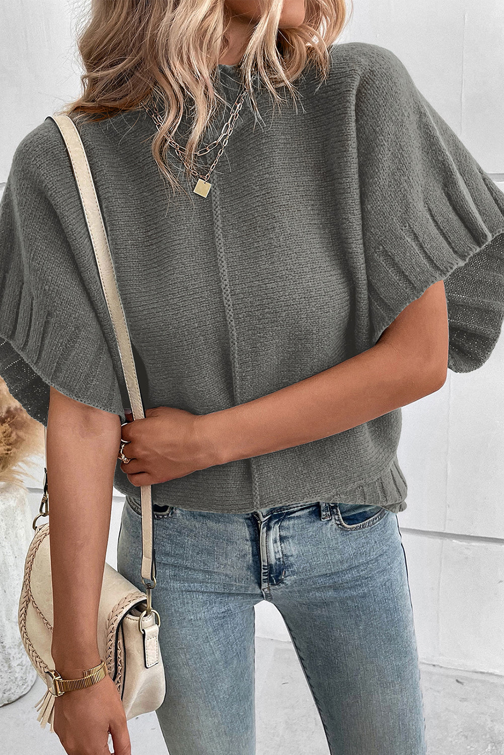 Desert Palm Mock Neck Batwing Short Sleeve Knit Sweater