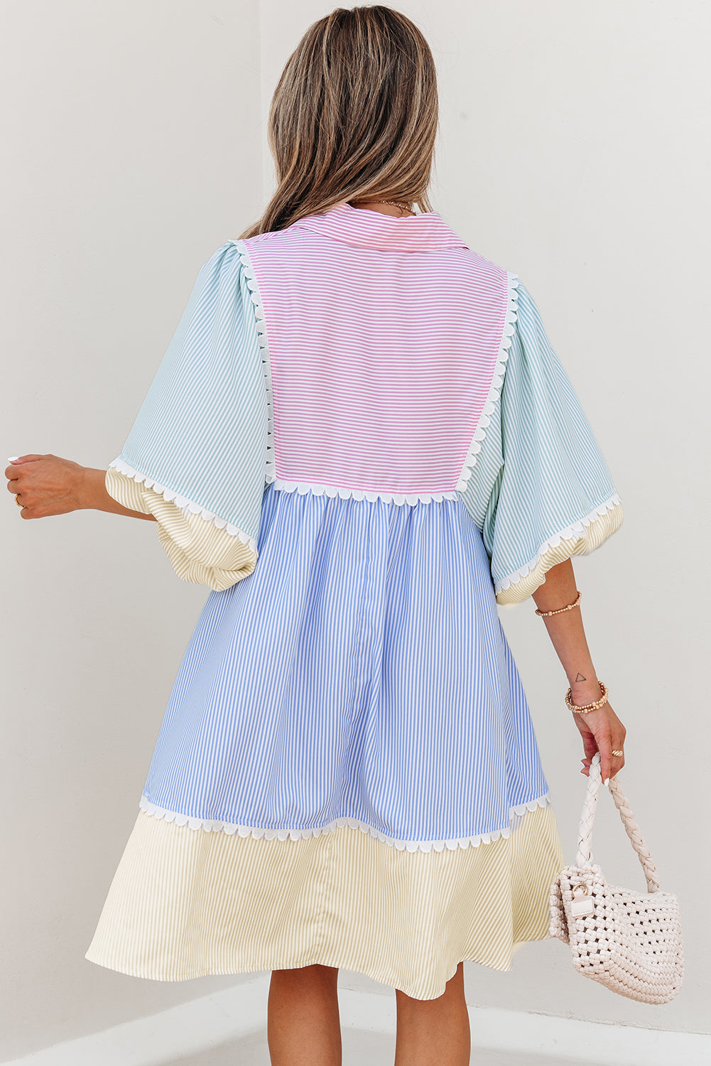 Multicolour Striped Patchwork Ric Rac Puff Sleeve Collared Mini Dress