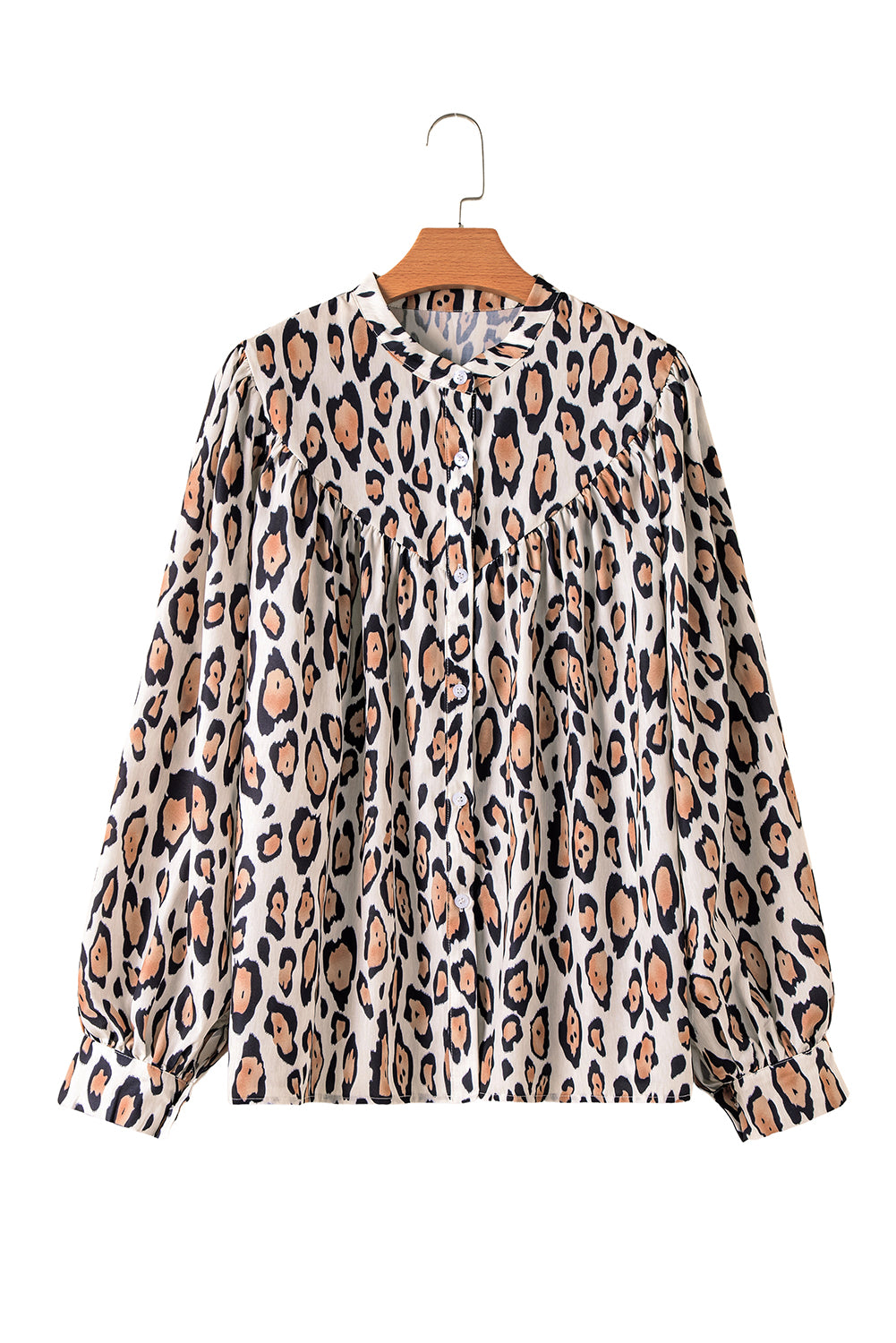 Light French Beige Oversized Leopard Print Balloon Sleeve Casual Shirt