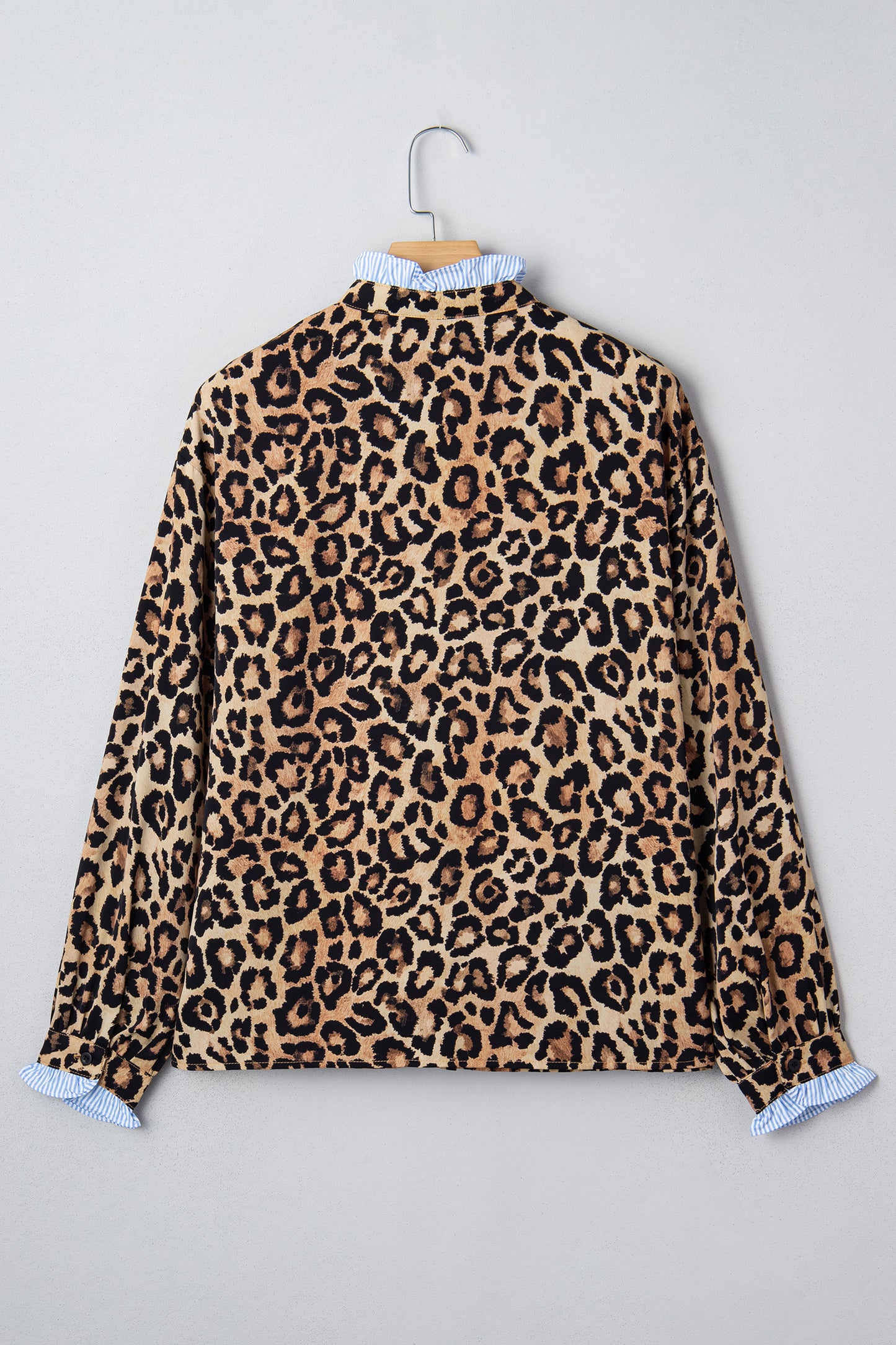 Brown Wild Leopard Print Contrast Striped Frilled Trim Chic Shirt
