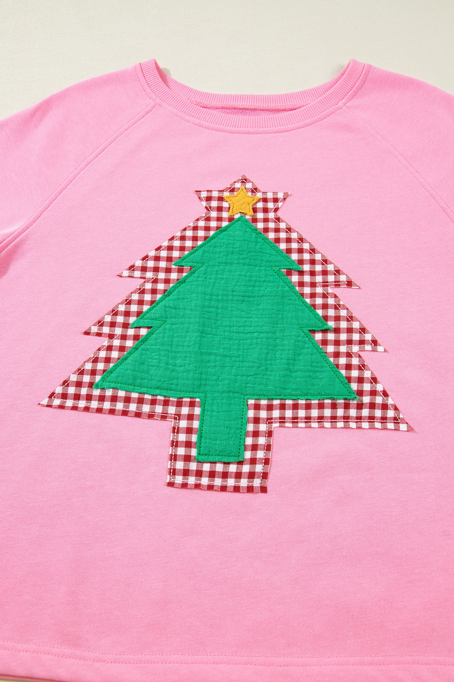 Sachet Pink Plaid Contrasted Double Christmas Tree Patched Raglan Sleeve Pullover 2pcs Short Set