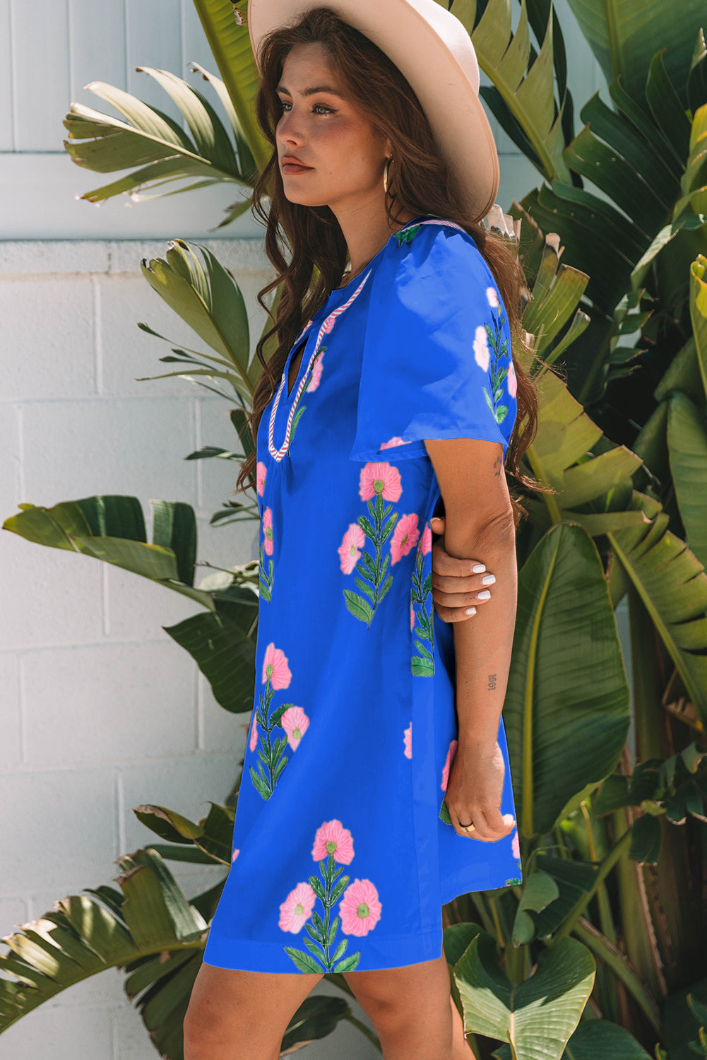 Blue Floral Short Sleeve Split Neck Loose Mini Dress