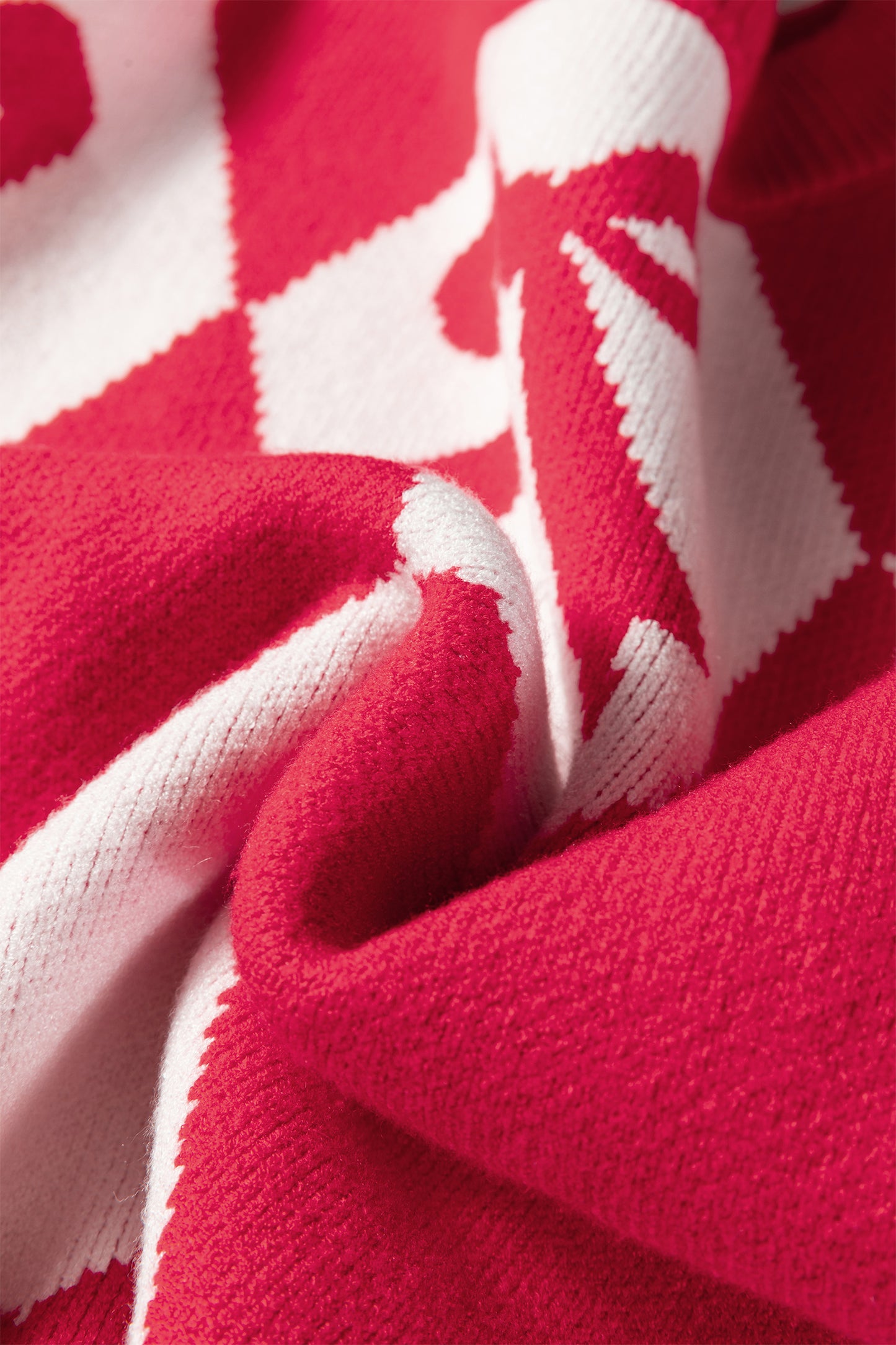 Red Bow Print 2-tone Rhombus Knit Loose Sweater