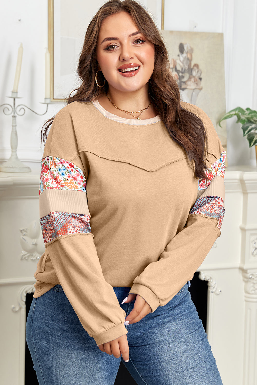 Blue Exposed Seam Floral Mixed Patchwork Relaxed Plus Size Top