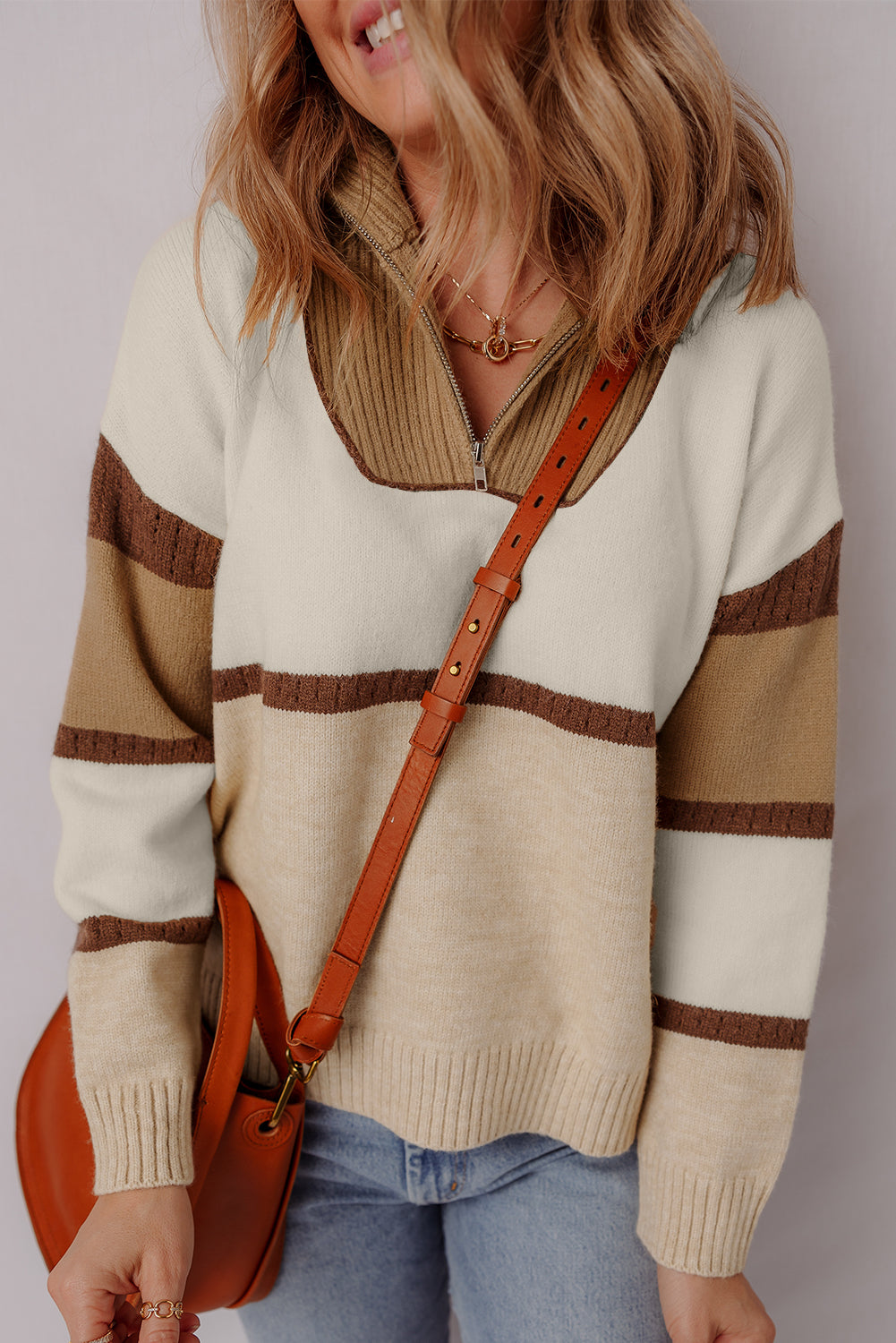 Parchment Colorblock Zipped Collared Pullover Sweater