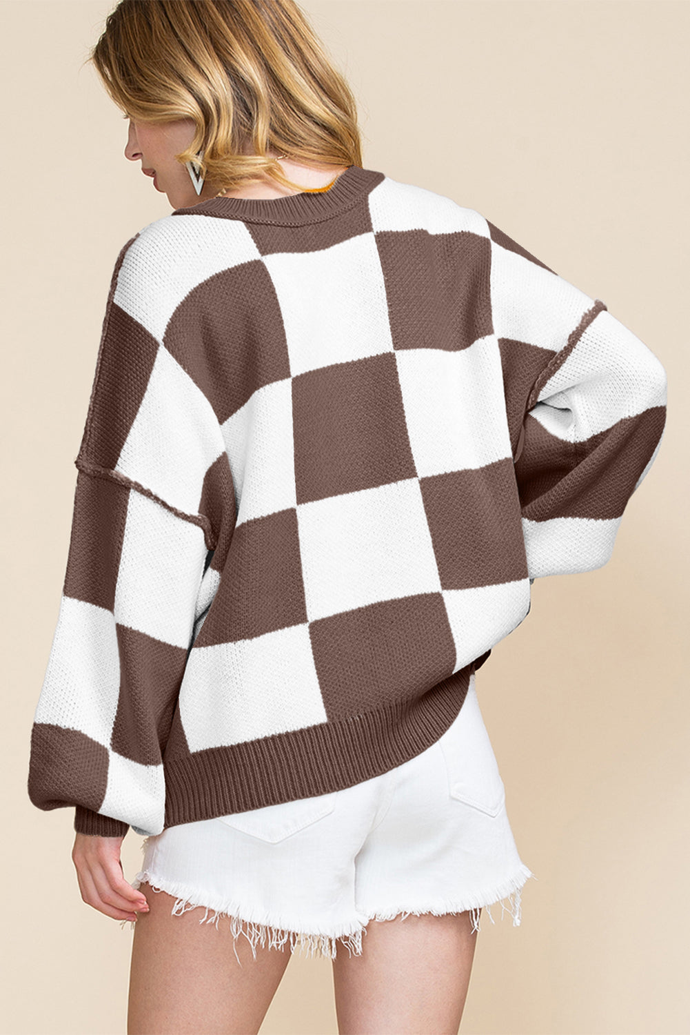 Orange Checkered Bishop Sleeve Sweater