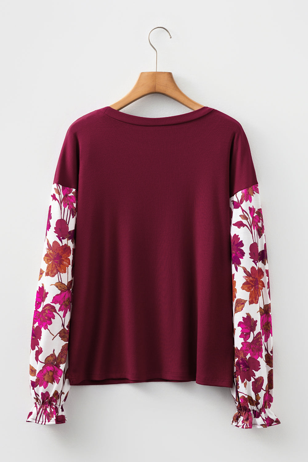Wild Ginger Contrast Floral Sleeve Solid Ribbed Body Patchwork Long Sleeve Top