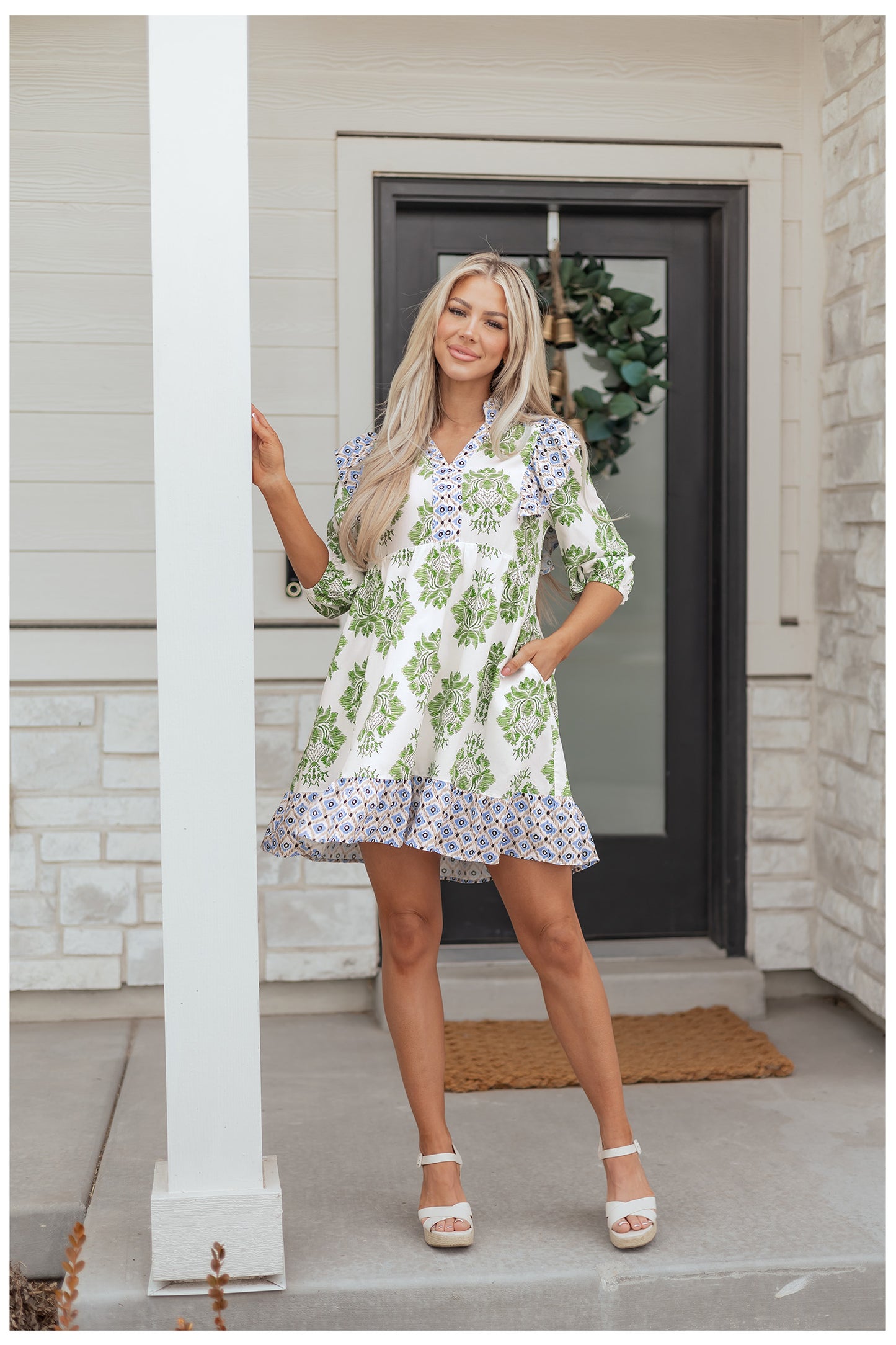 Green Floral Print Contrast Patchwork Ruffle Detail Mini Dress
