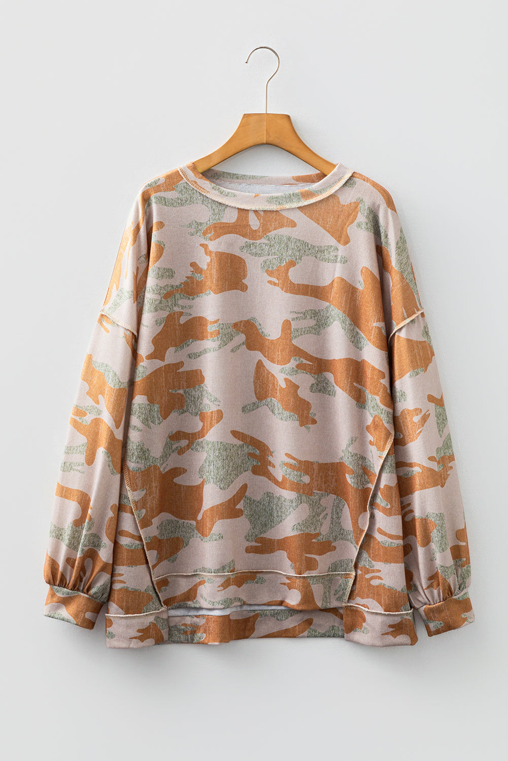 Green Retro Camouflage Print Exposed Seam Patchwork Drop Shoulder Sweatshirt