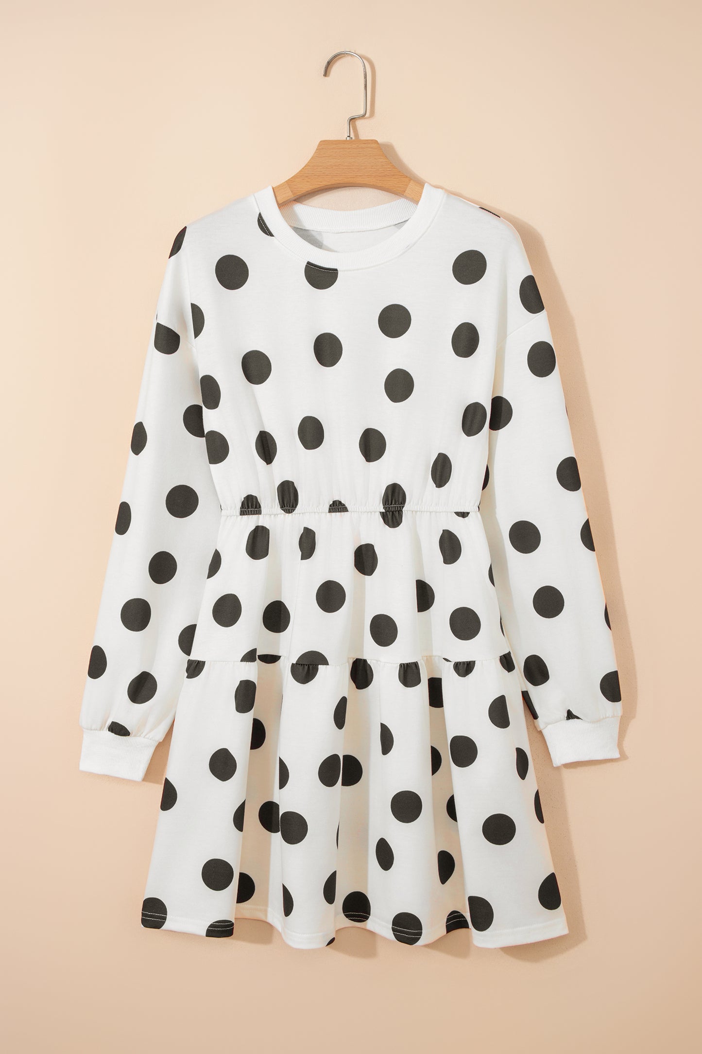 White Polka Dot Printed Long Sleeve Flared Mini Dress