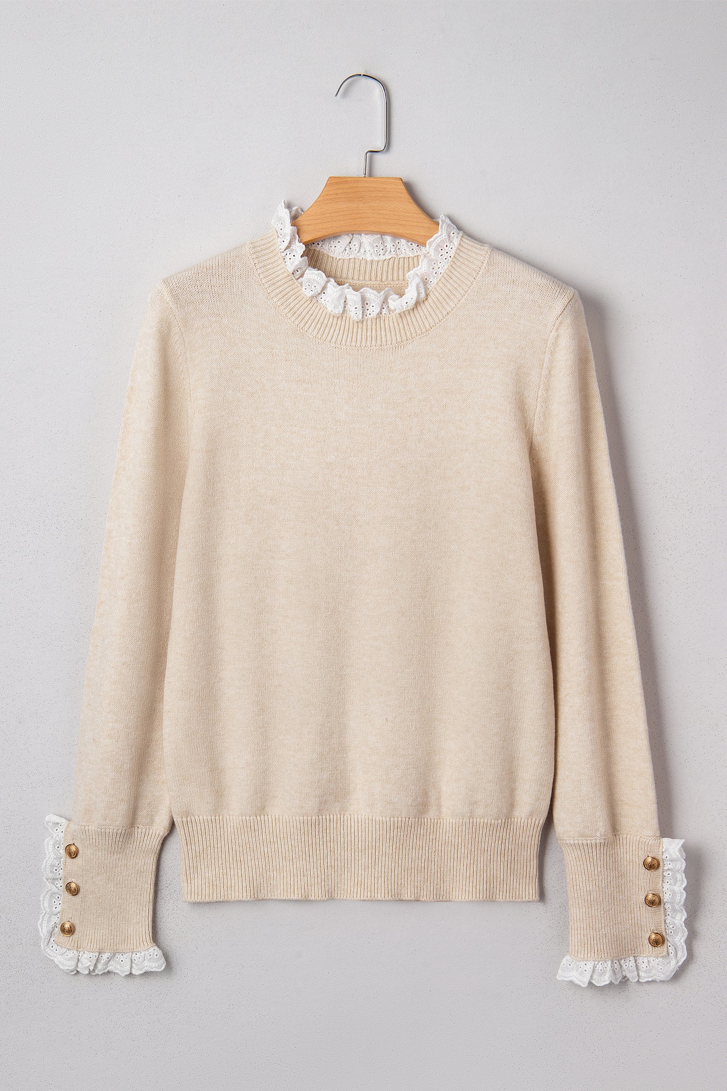 Sleet Lace Trim Patchwork Buttoned Cuffs Loose Sweater
