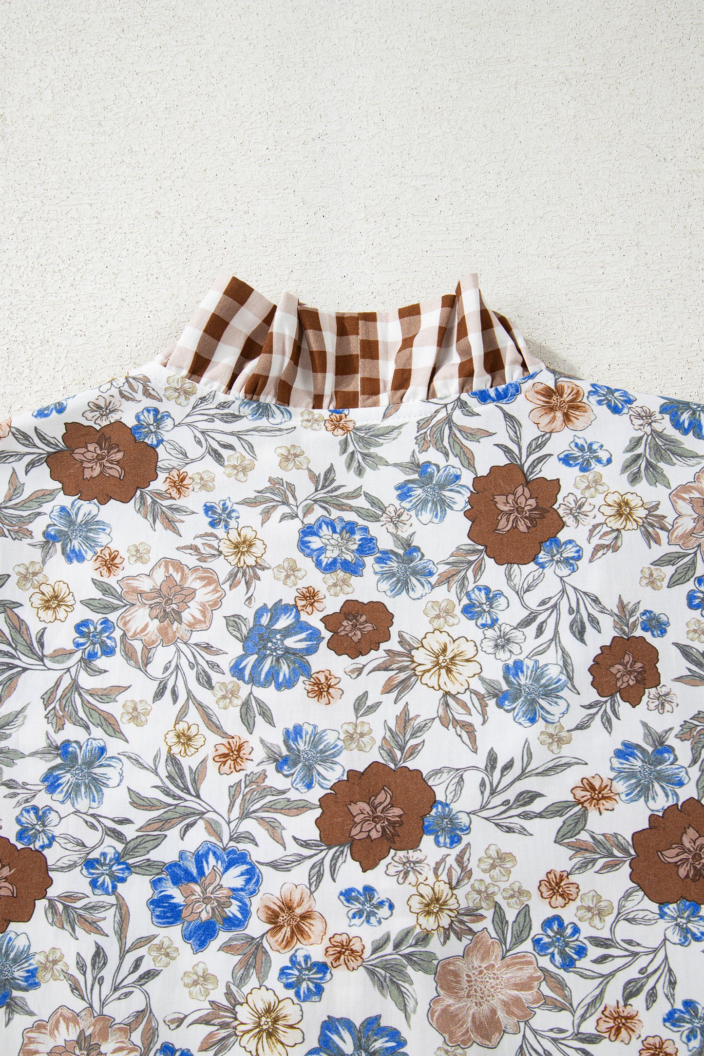 Brown Plaid Frilled Trim V Neck Floral Long Sleeve Blouse