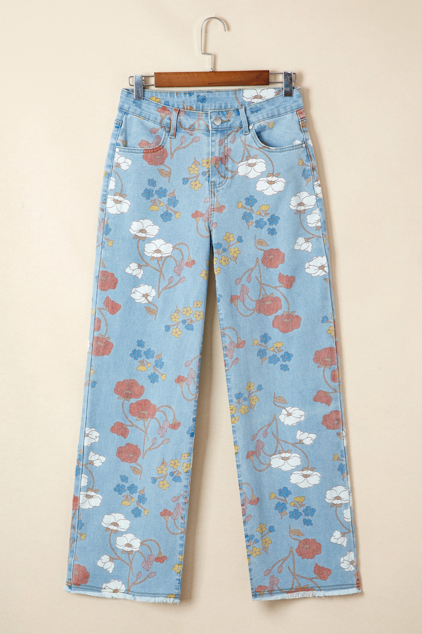 Sky Blue Floral Printed Raw Hem Shift Jeans