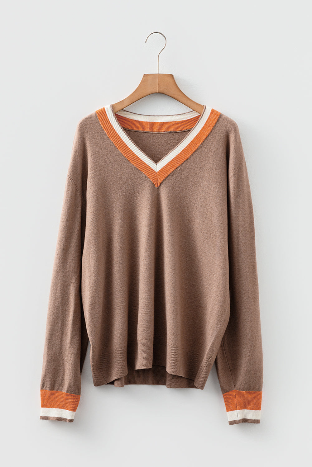 Gray Contrast Striped Trim V Neck Varsity Sweater