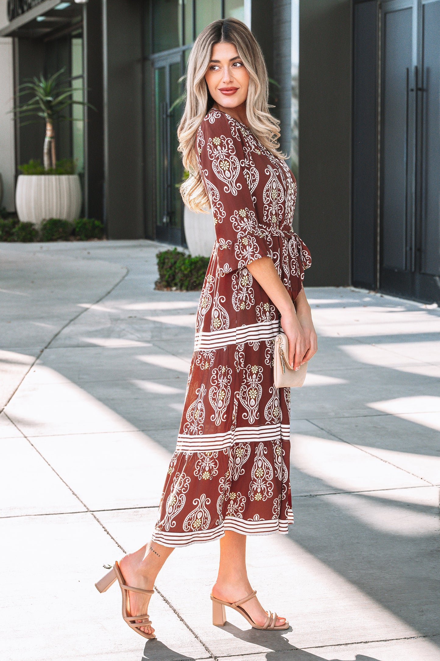 Brown Floral Print Belted Striped Trim Tiered Maxi Dress