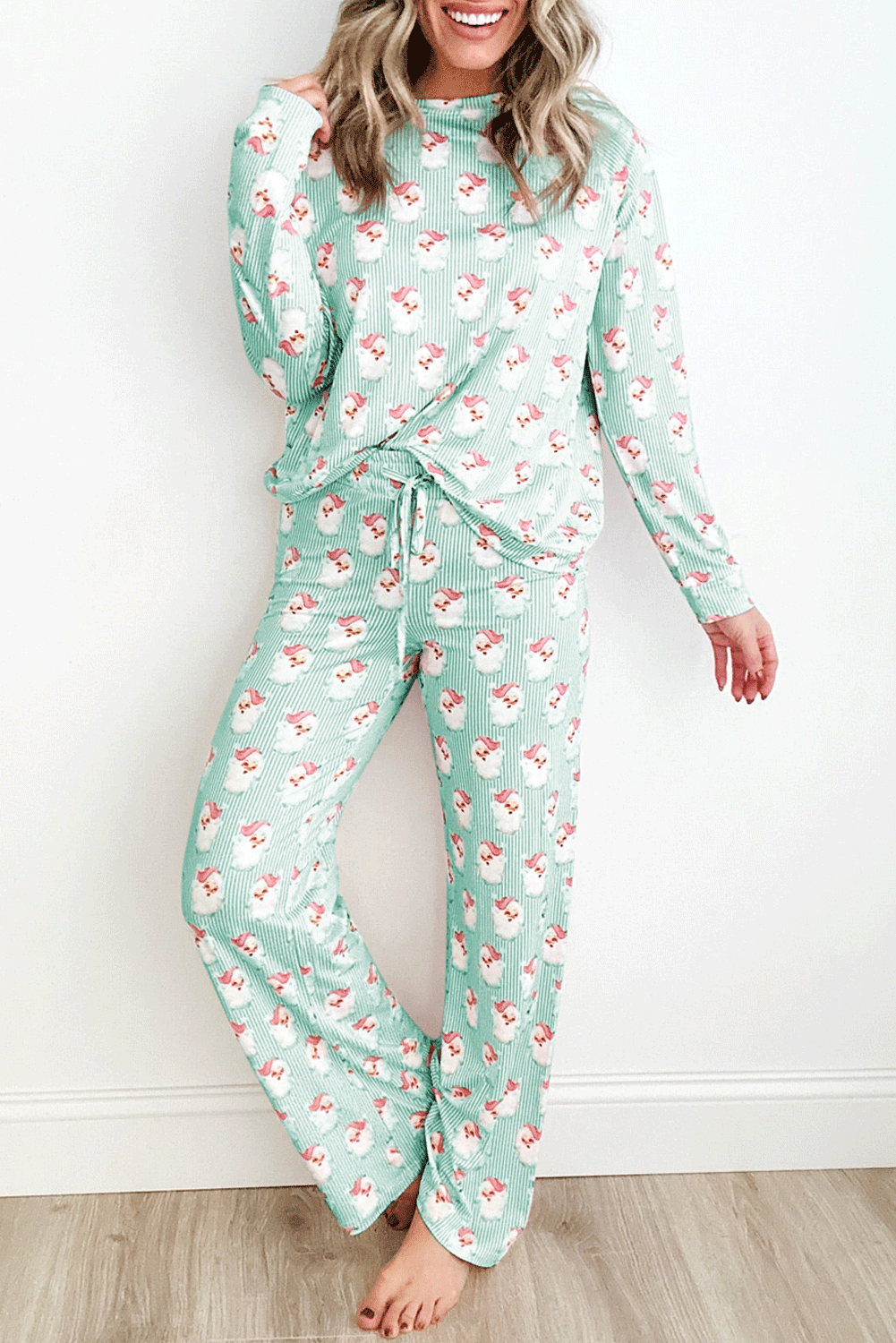 Sky Blue Santa Claus Striped Print Loose Fit Two Piece Lounge Set