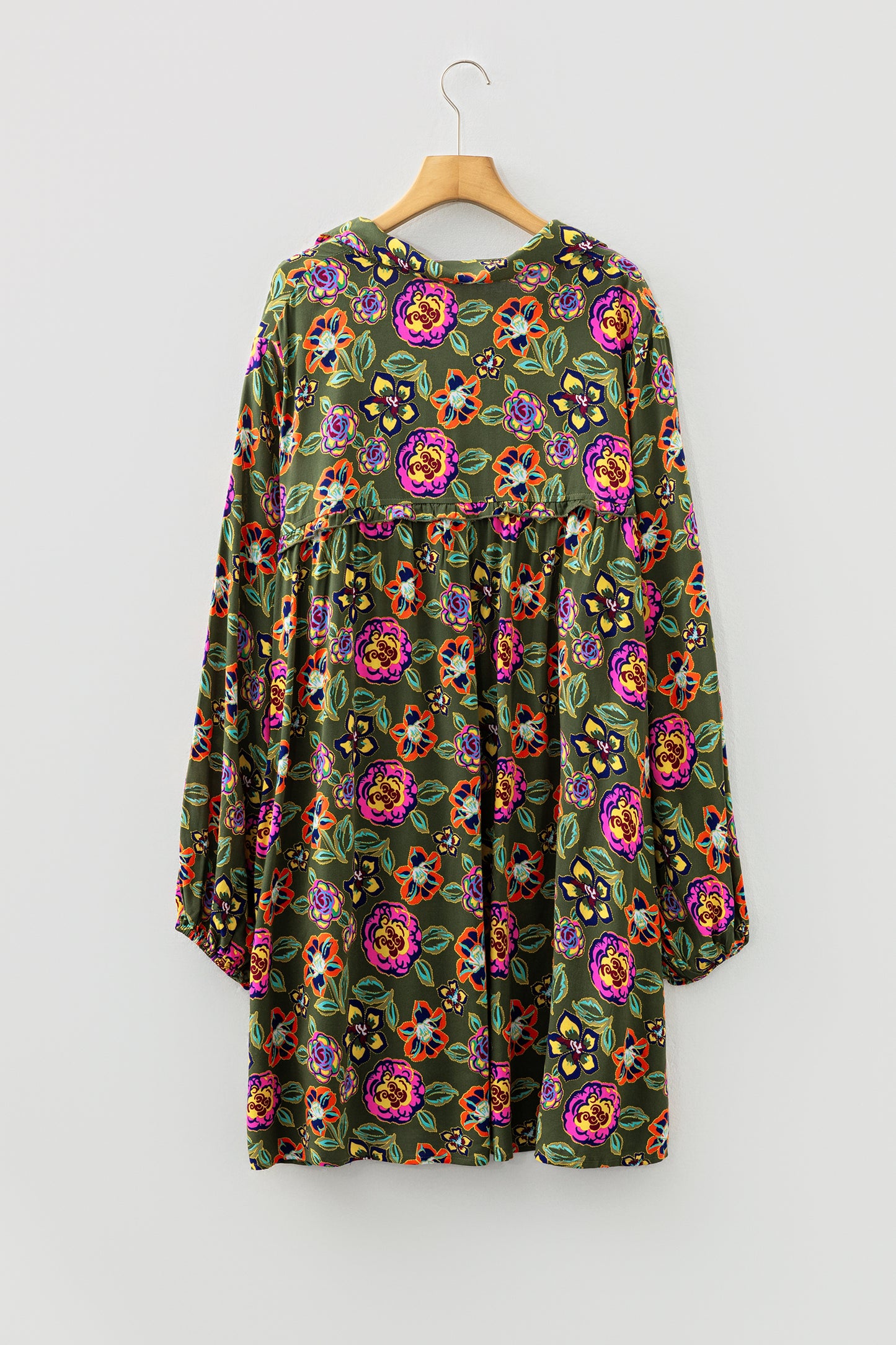 Green Plus Size Floral Print Collared V Neck Loose Mini Dress