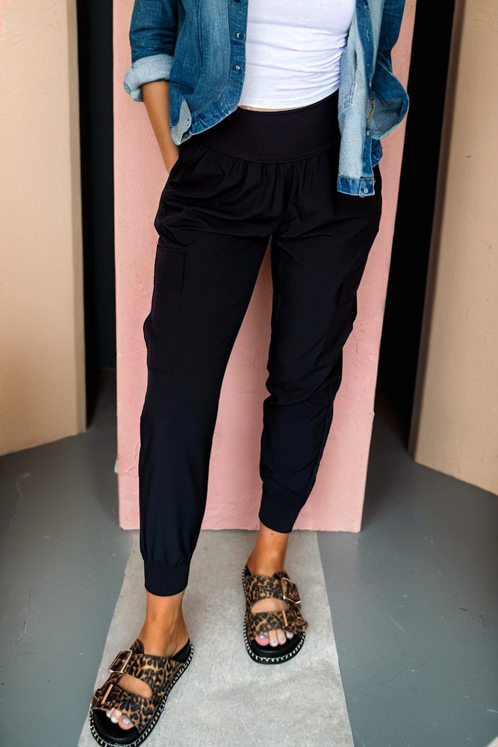 Medium Grey Elastic High Waist Pocketed Cargo Jogger Pants