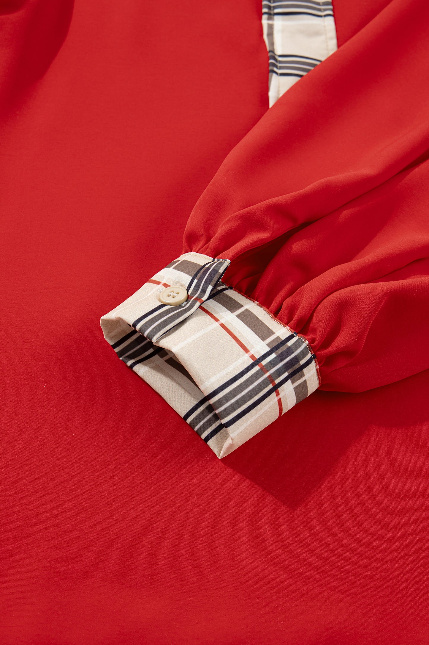 Racing Red Contrast Plaid Patchwork V Neck Long Sleeve Blouse