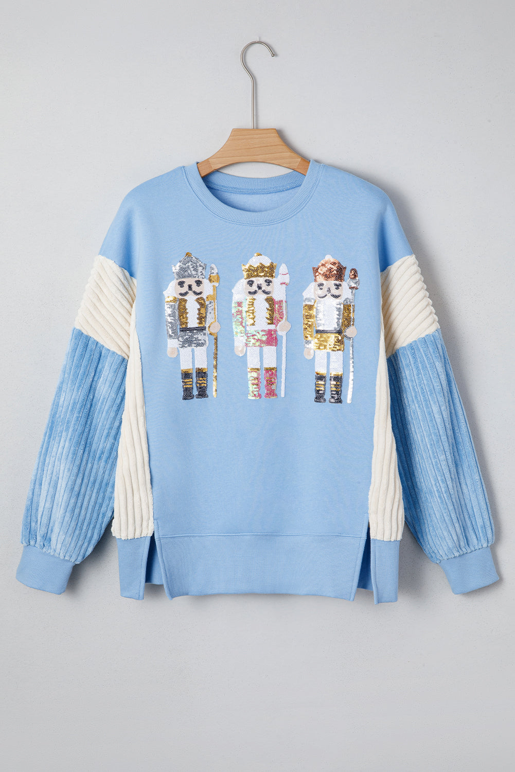Light Pink Sequin Nutcracker Textured Sleeve Patchwork Color Block Sweatshirt