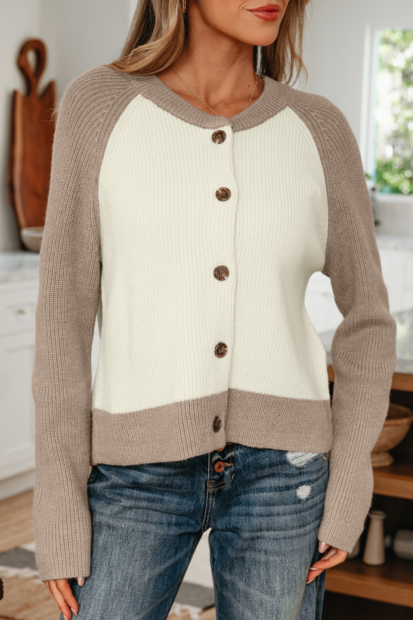 White Color Block Ribbed Knit Button Down Sweater Cardigan