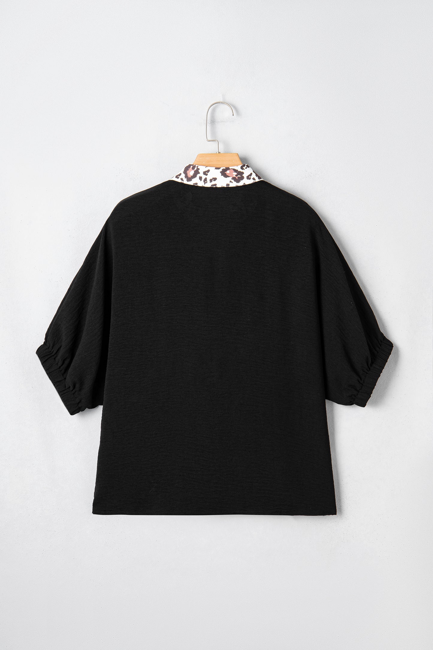 Rose Red Dolman Half Sleeve Leopard Patchwork Trim V Neck Blouse