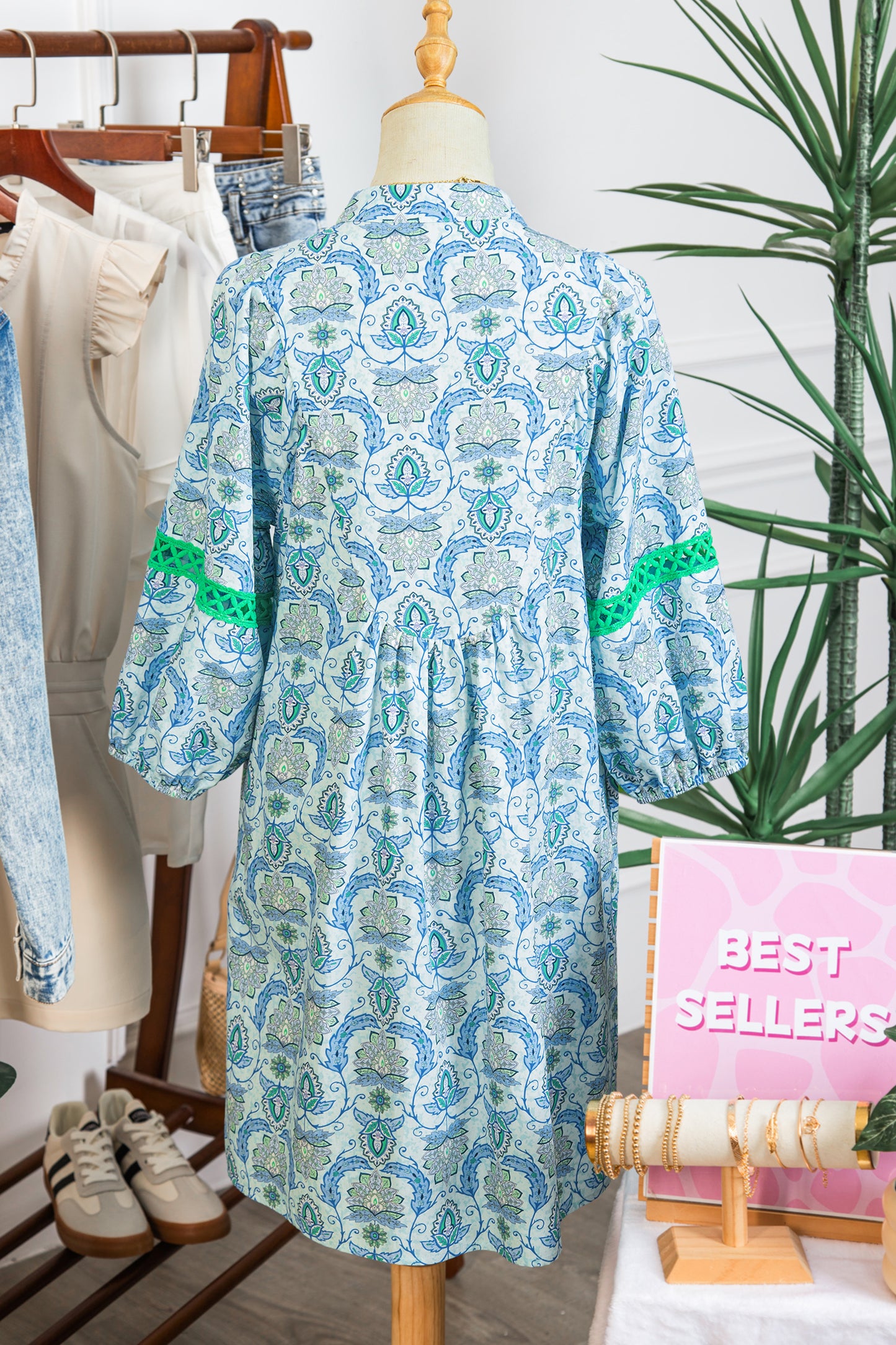 Sky Blue Boho Paisley Print Contrasted Patchwork Detail Bracelet Sleeve Loose Mini Dress