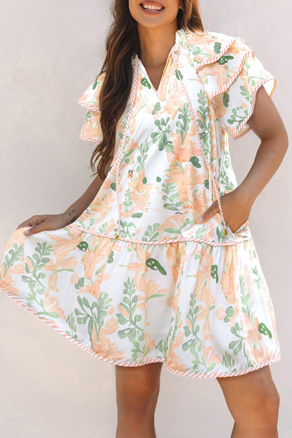 Orange Floral Contrast Edge Layered Short Sleeve Mini Dress