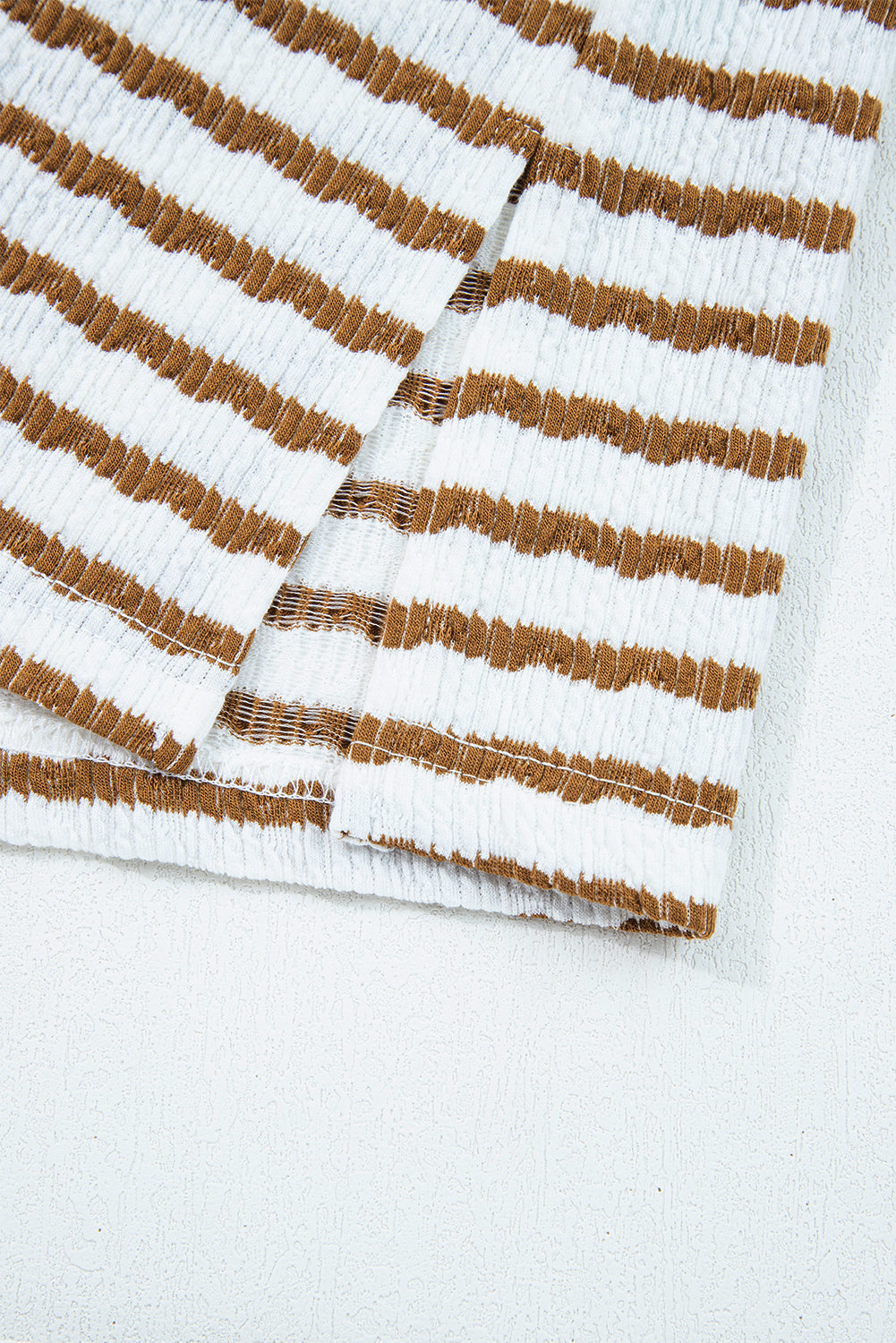 Khaki Stripe Plus Size Collared V Neck Loose Pullover Drawstring Elastic Waist Wide Leg Pant Set