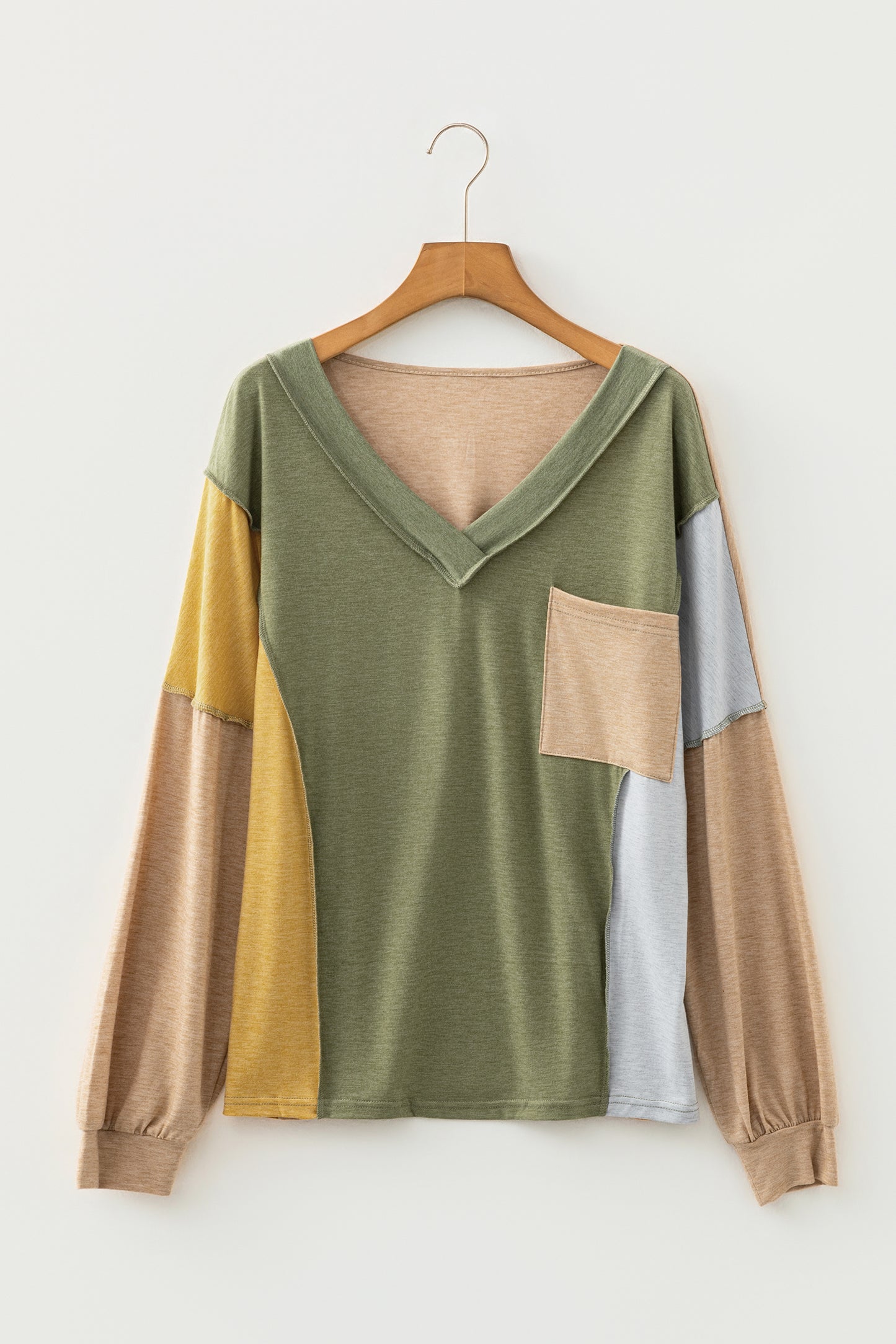 Jungle Green Exposed Stitching Colorblock V Neck Long Sleeve Top